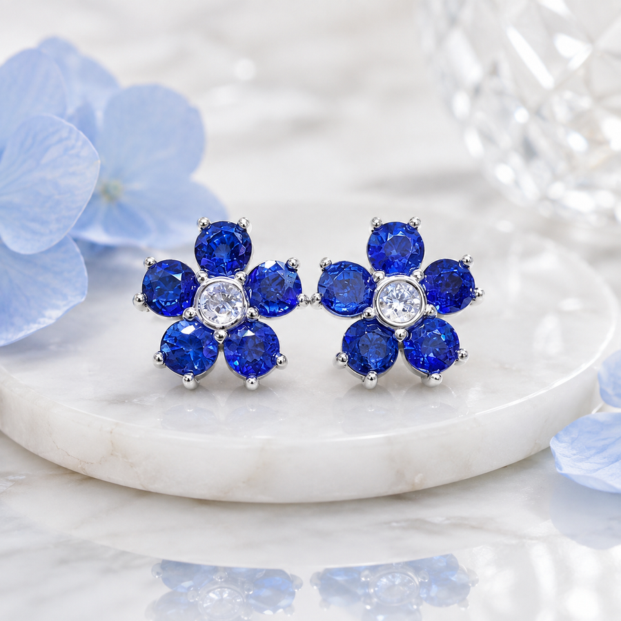 Natural Blue Sapphire Floral Stud Earrings in 925 Sterling Silver, 3.5mm Gemstones