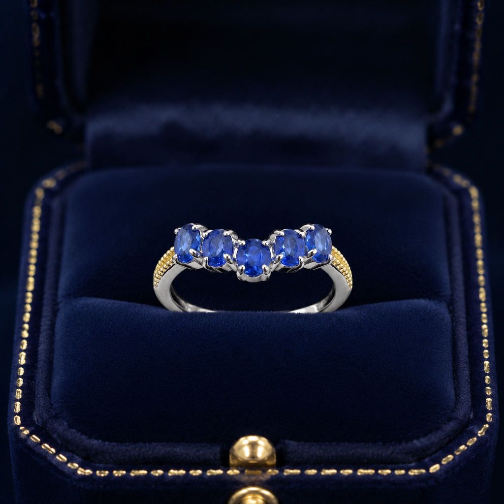 Natural Blue Sapphire Five-Stone Ring in 925 Sterling Silver, 3x4mm Gemstones