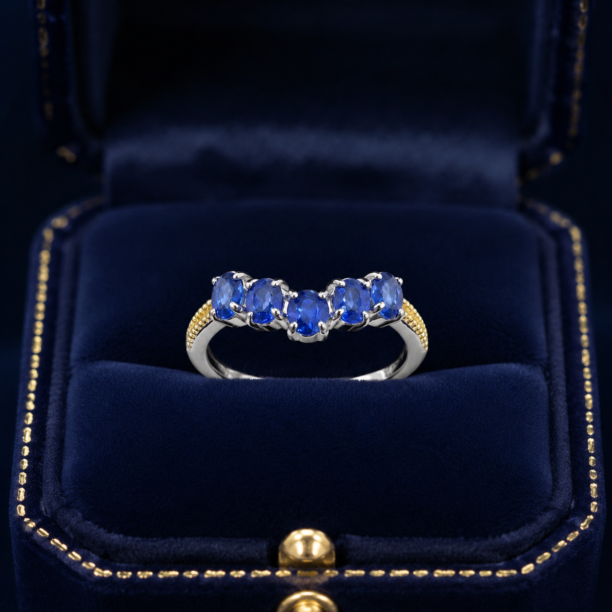 Natural Blue Sapphire Five-Stone Ring in 925 Sterling Silver, 3x4mm Gemstones