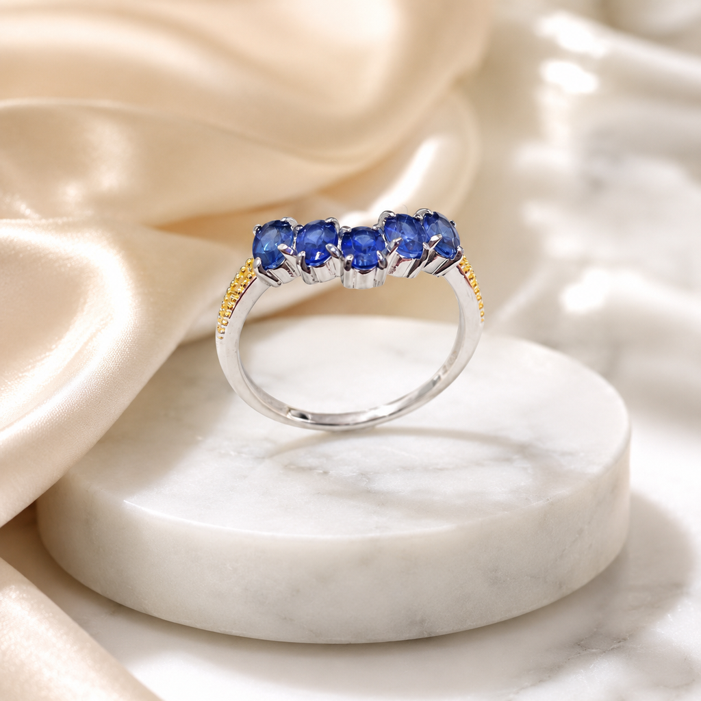 Natural Blue Sapphire Five-Stone Ring in 925 Sterling Silver, 3x4mm Gemstones