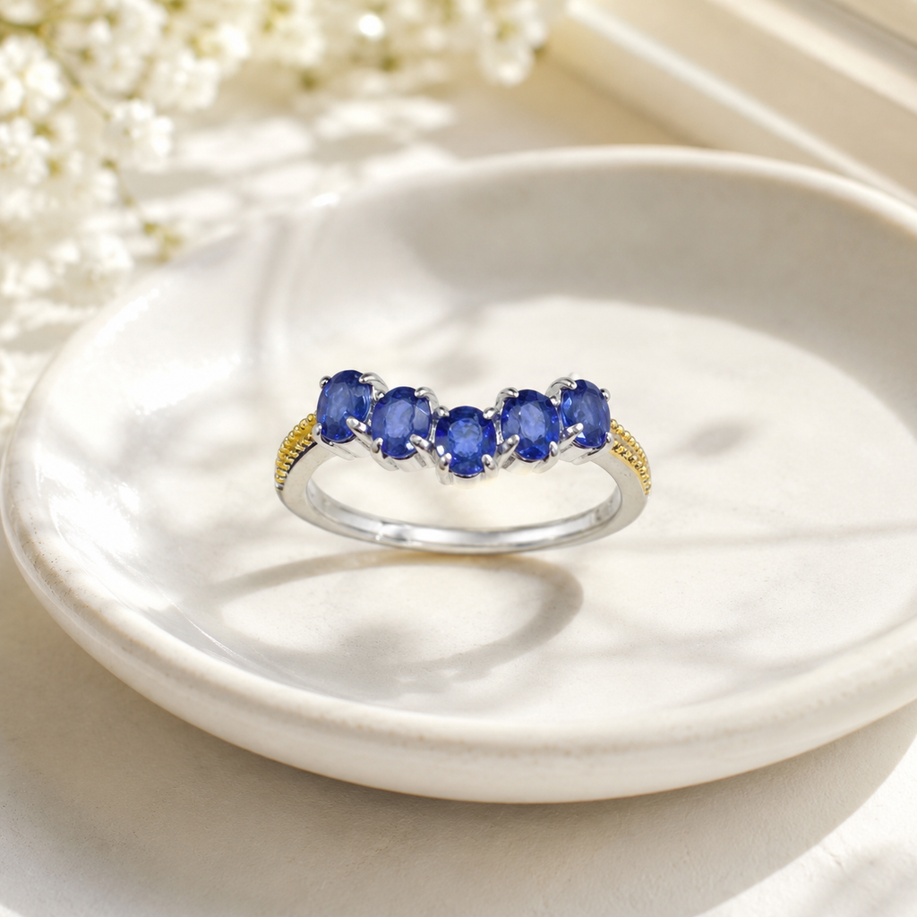 Natural Blue Sapphire Five-Stone Ring in 925 Sterling Silver, 3x4mm Gemstones
