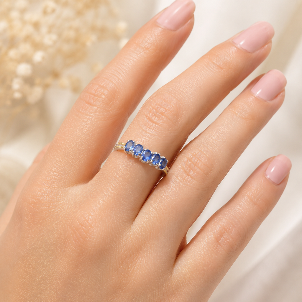 Natural Blue Sapphire Five-Stone Ring in 925 Sterling Silver, 3x4mm Gemstones