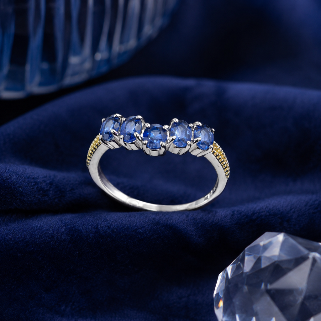 Natural Blue Sapphire Five-Stone Ring in 925 Sterling Silver, 3x4mm Gemstones