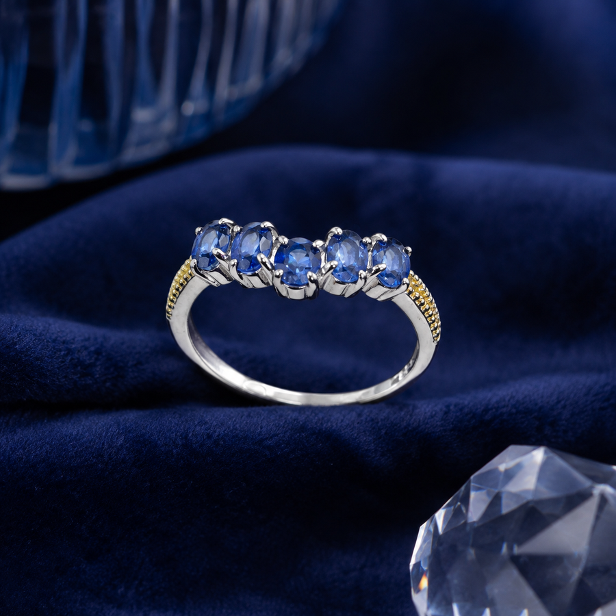 Natural Blue Sapphire Five-Stone Ring in 925 Sterling Silver, 3x4mm Gemstones