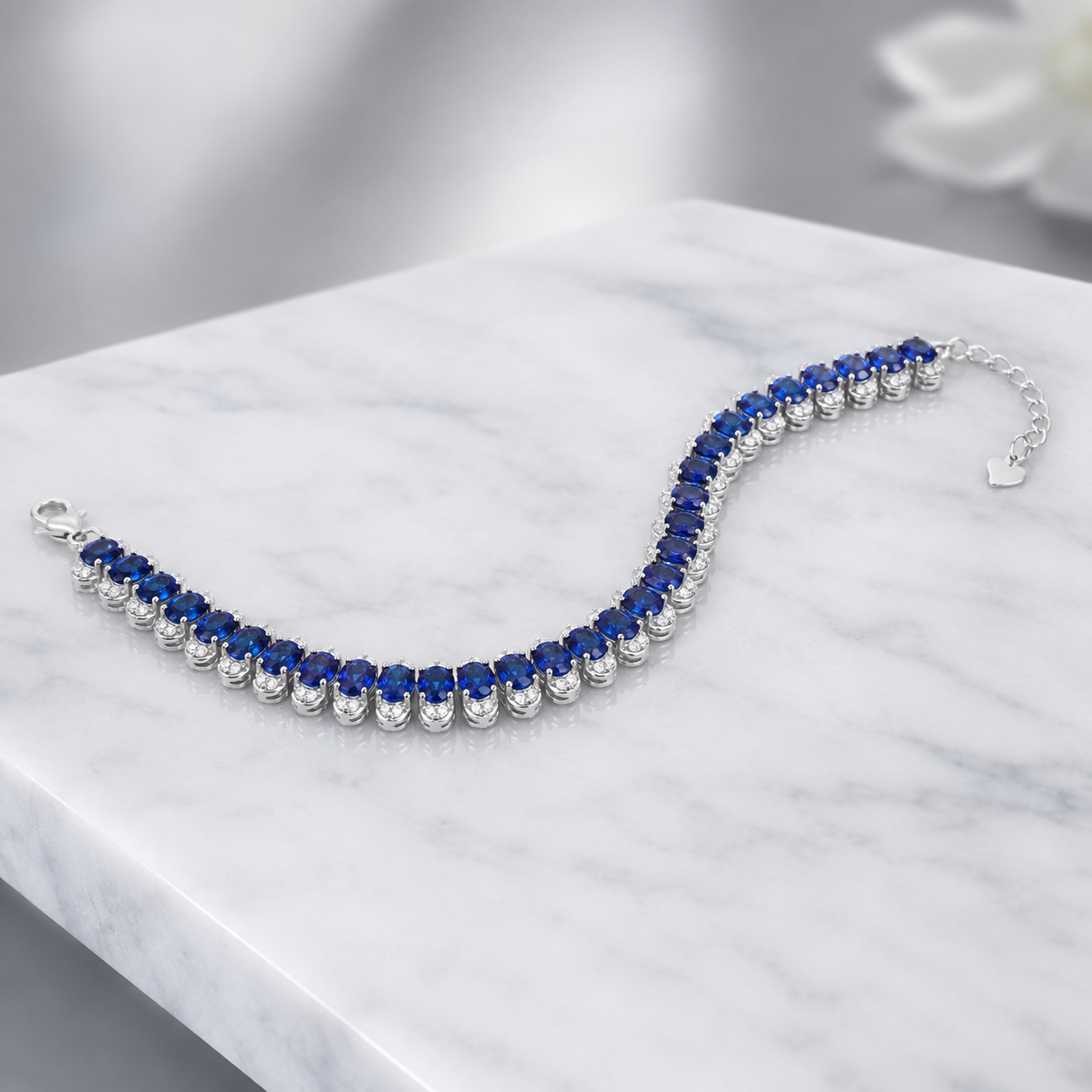 Natural Blue Sapphire Tennis Bracelet in 925 Sterling Silver, 3.5x4.5mm Gemstones