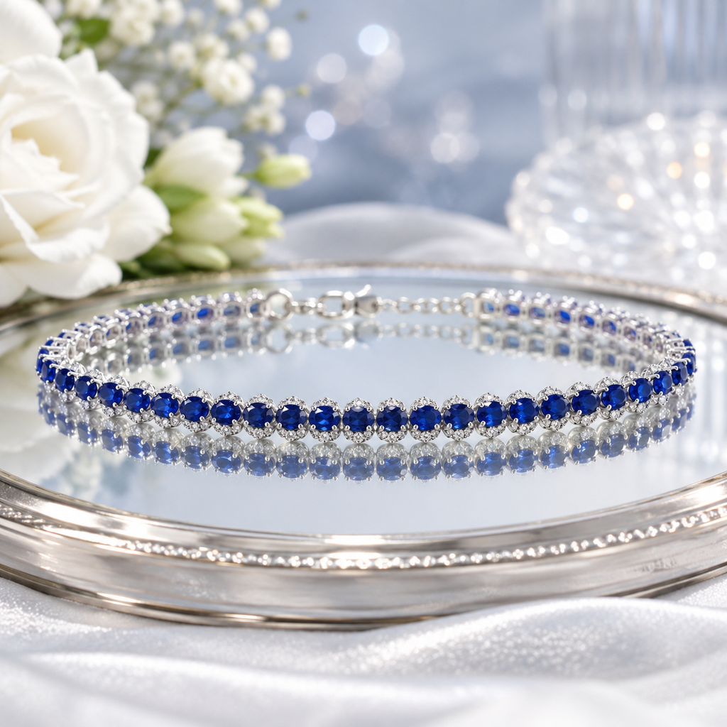 Natural Blue Sapphire Tennis Bracelet in 925 Sterling Silver, 3.5x4.5mm Gemstones