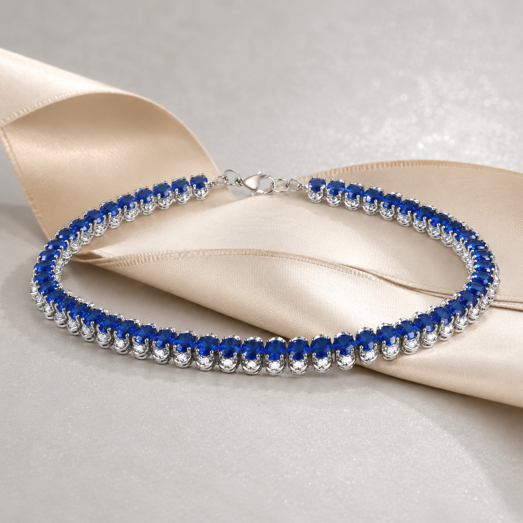 Natural Blue Sapphire Tennis Bracelet in 925 Sterling Silver, 3.5x4.5mm Gemstones