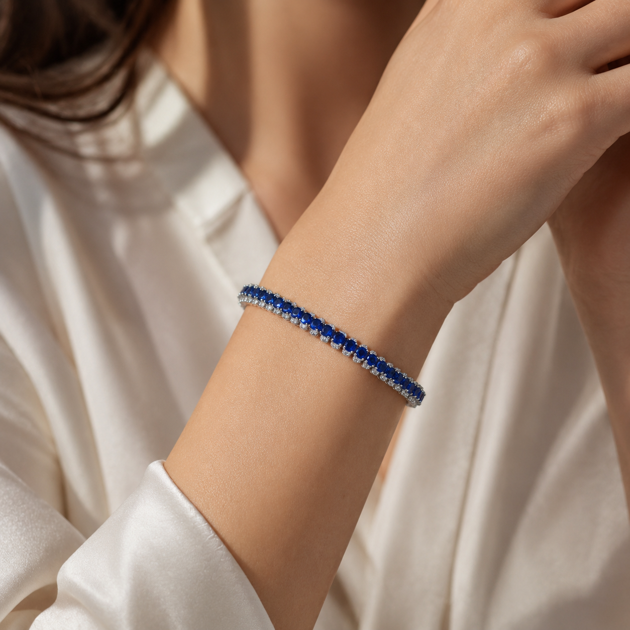 Natural Blue Sapphire Tennis Bracelet in 925 Sterling Silver, 3.5x4.5mm Gemstones
