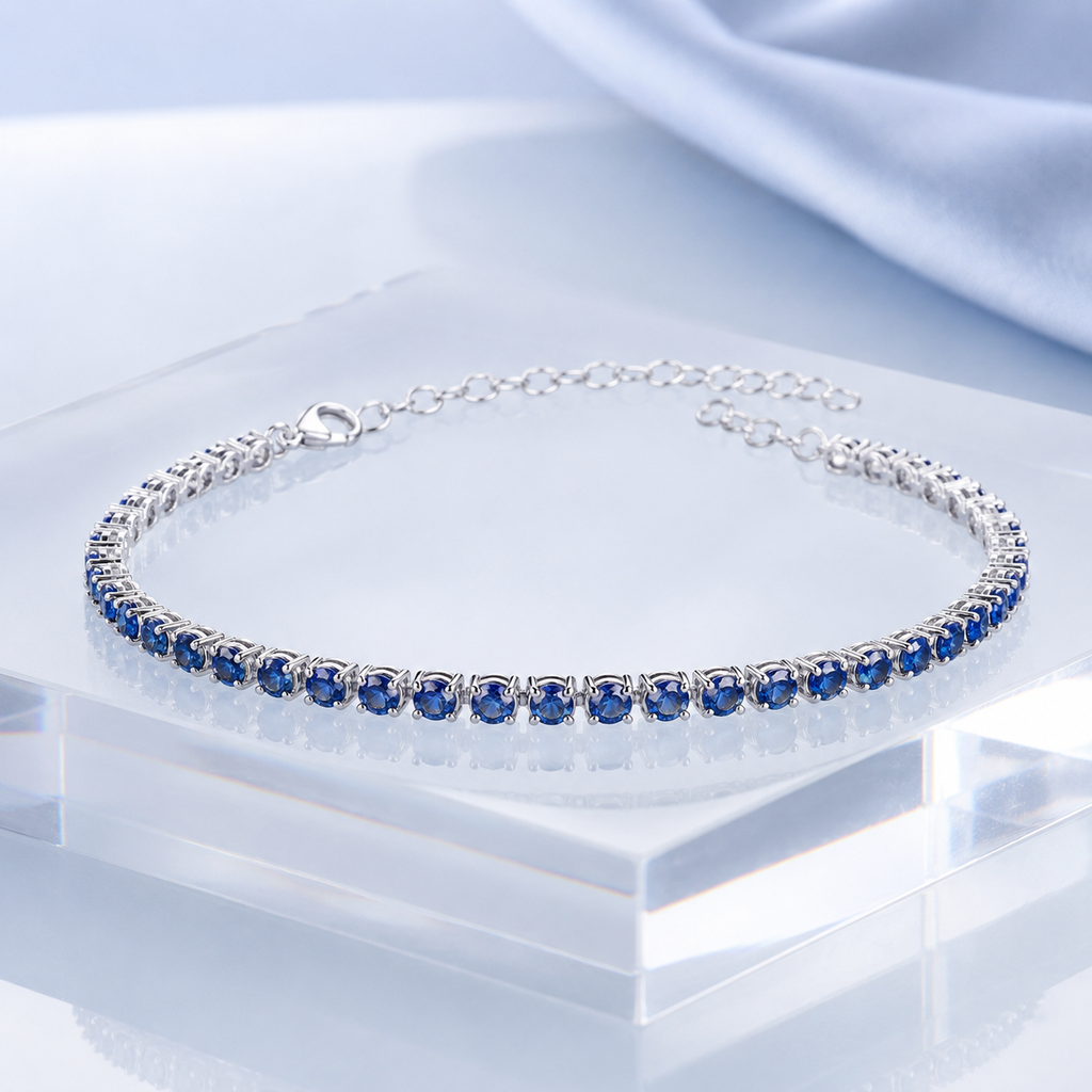 Natural Blue Sapphire Tennis Bracelet in 925 Sterling Silver, 3.5mm Round Gemstones