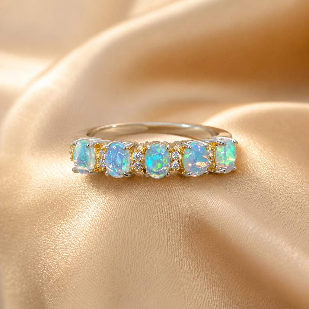 Natural Opal Five-Stone Ring in 925 Sterling Silver, 3x4mm Gemstones