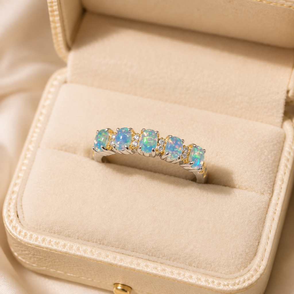 Natural Opal Five-Stone Ring in 925 Sterling Silver, 3x4mm Gemstones