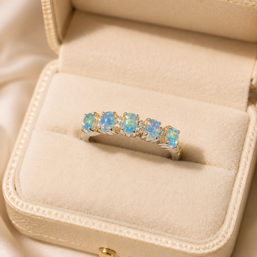 Natural Opal Five-Stone Ring in 925 Sterling Silver, 3x4mm Gemstones