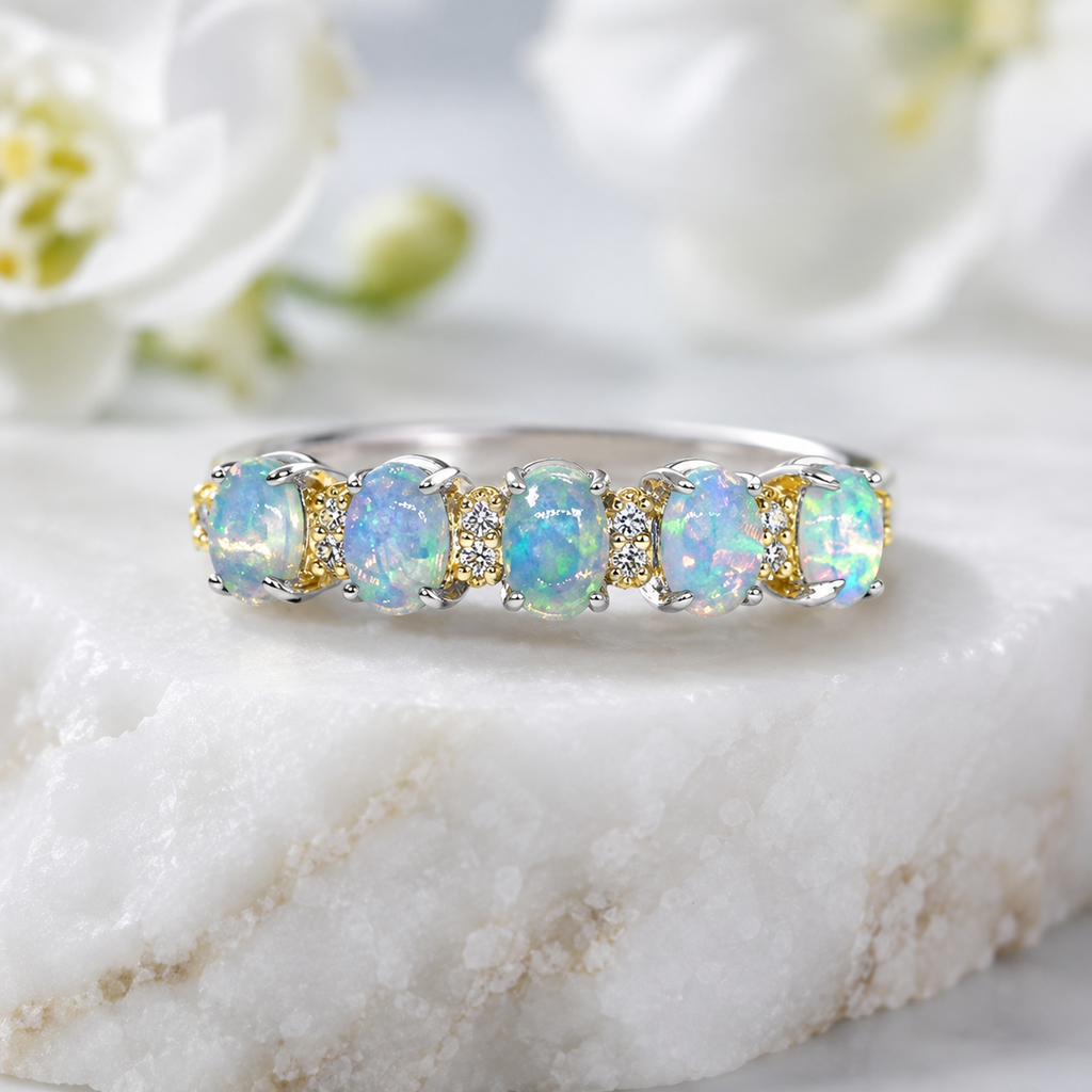 Natural Opal Five-Stone Ring in 925 Sterling Silver, 3x4mm Gemstones