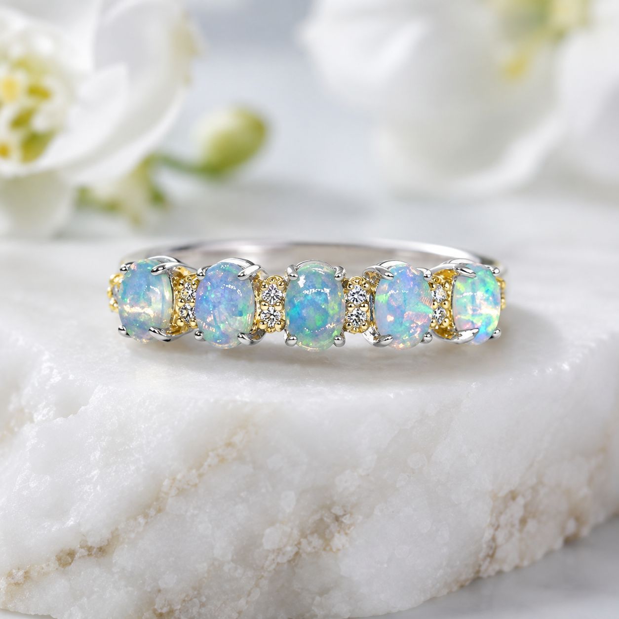 Natural Opal Five-Stone Ring in 925 Sterling Silver, 3x4mm Gemstones