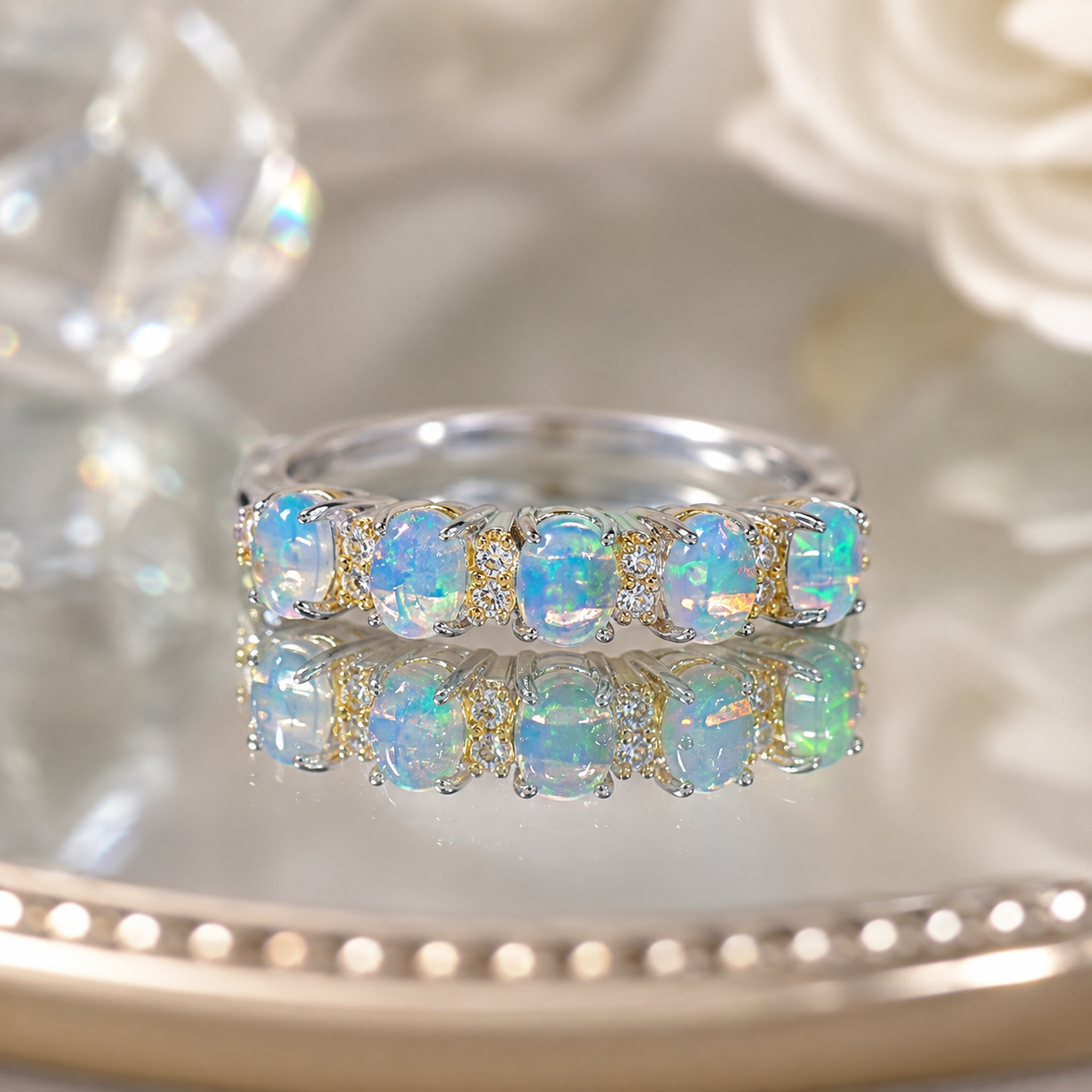 Natural Opal Five-Stone Ring in 925 Sterling Silver, 3x4mm Gemstones