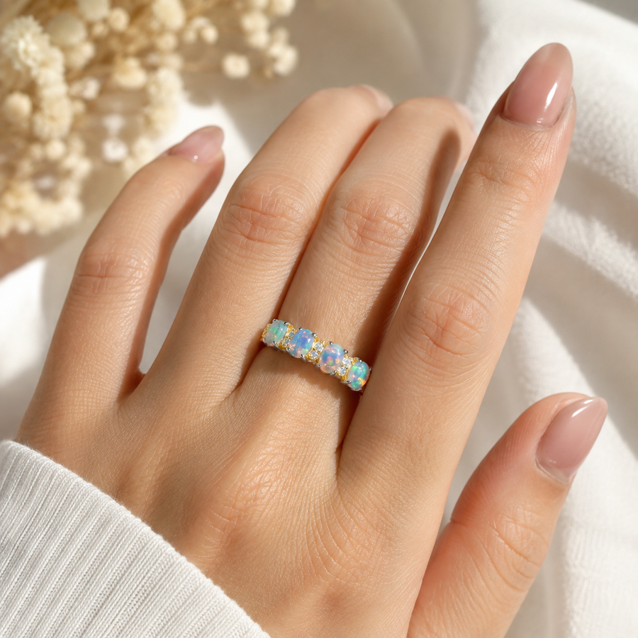 Natural Opal Five-Stone Ring in 925 Sterling Silver, 3x4mm Gemstones
