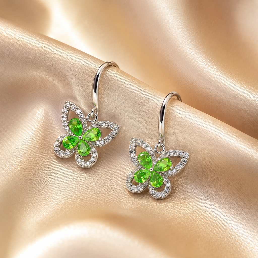 Natural Tsavorite Garnet Butterfly Drop Earrings in 925 Sterling Silver