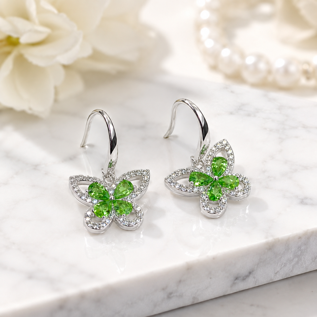 Natural Tsavorite Garnet Butterfly Drop Earrings in 925 Sterling Silver