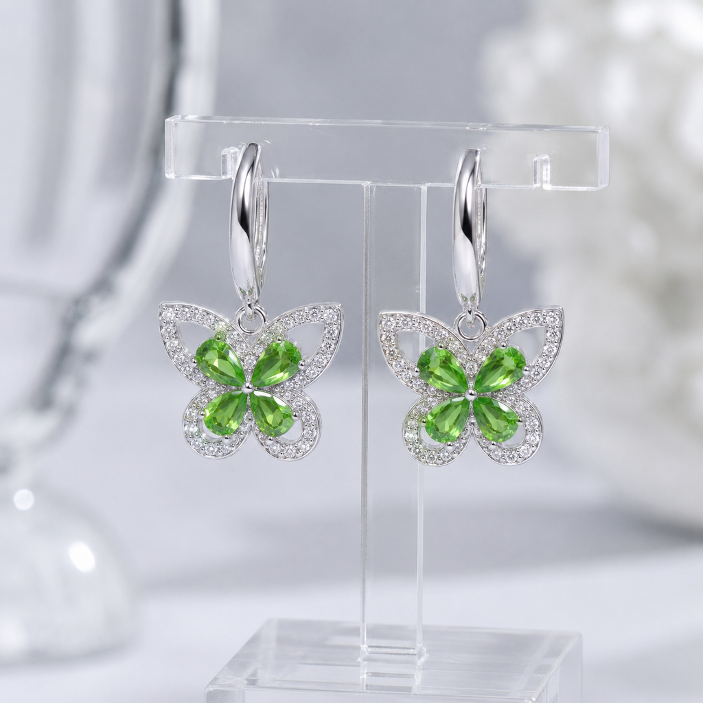 Natural Tsavorite Garnet Butterfly Drop Earrings in 925 Sterling Silver