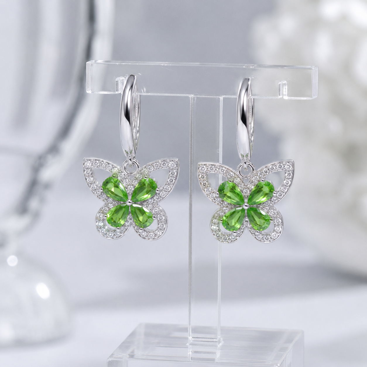 Natural Tsavorite Garnet Butterfly Drop Earrings in 925 Sterling Silver