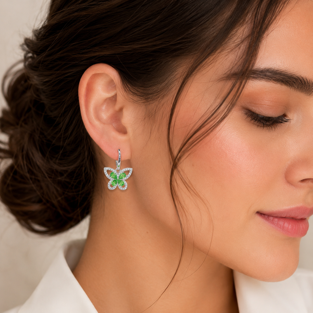 Natural Tsavorite Garnet Butterfly Drop Earrings in 925 Sterling Silver
