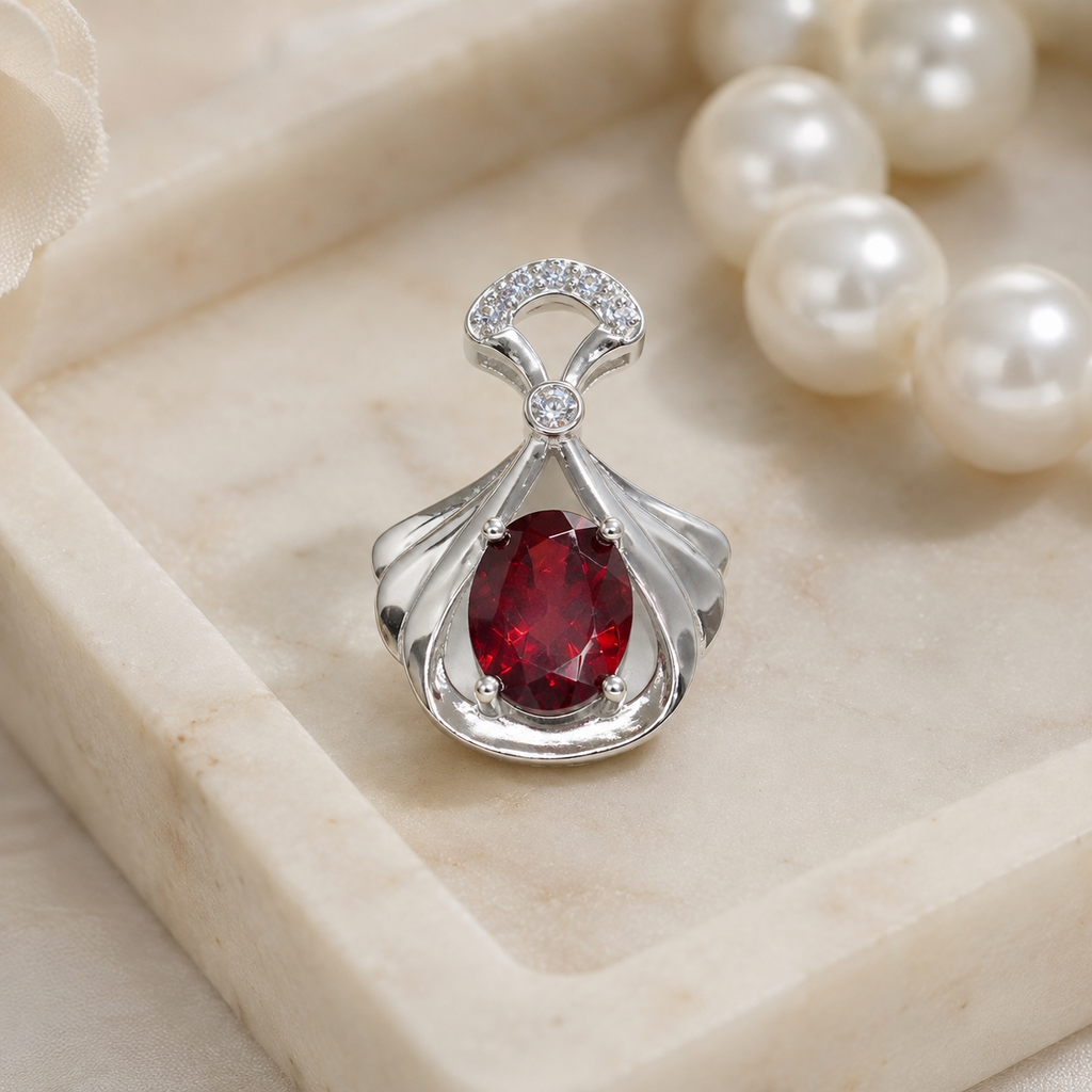 Natural Garnet Pendant in 925 Sterling Silver, 7x9mm Oval Gemstone