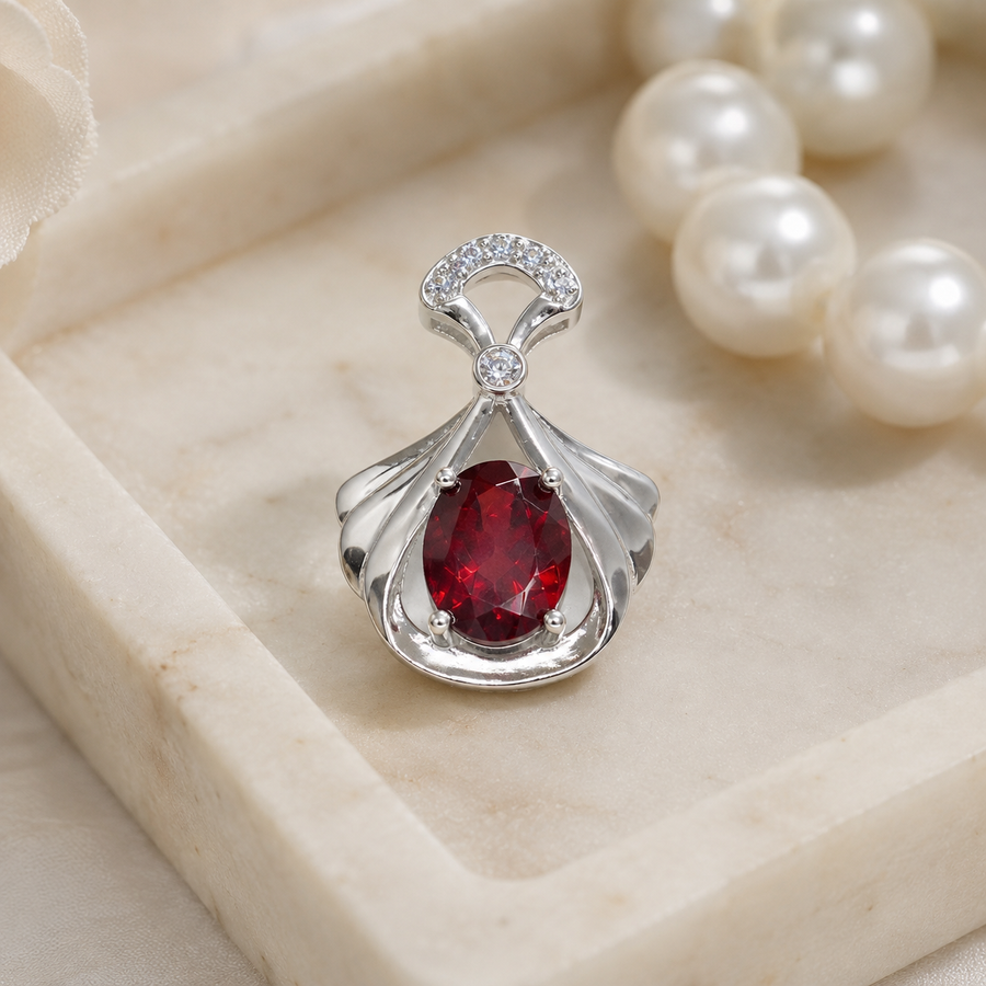 Natural Garnet Pendant in 925 Sterling Silver, 7x9mm Oval Gemstone