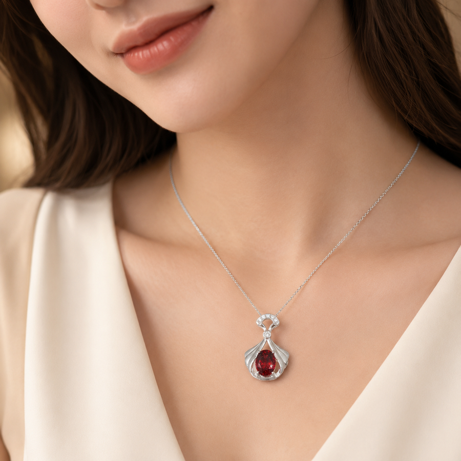 Natural Garnet Pendant in 925 Sterling Silver, 7x9mm Oval Gemstone