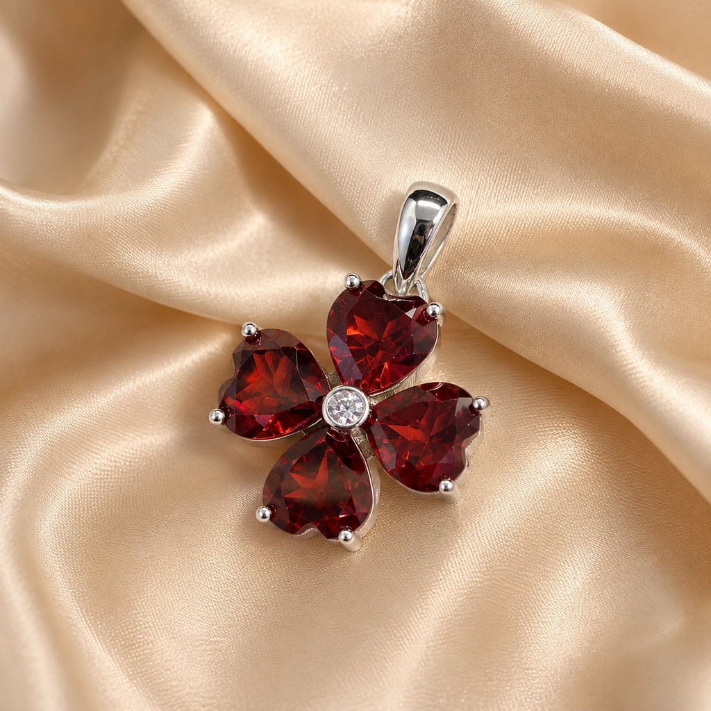 Natural Garnet Flower Pendant in 925 Sterling Silver, 6mm Gemstone