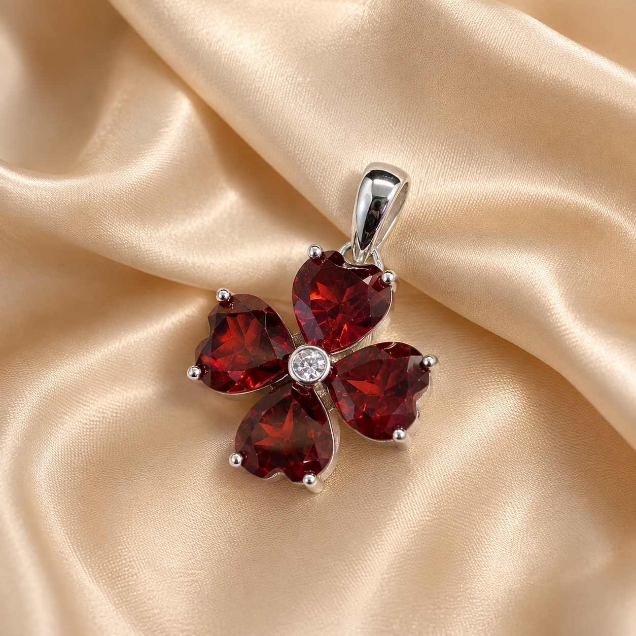 Natural Garnet Flower Pendant in 925 Sterling Silver, 6mm Gemstone