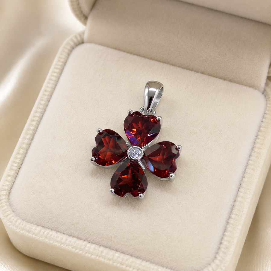 Natural Garnet Flower Pendant in 925 Sterling Silver, 6mm Gemstone