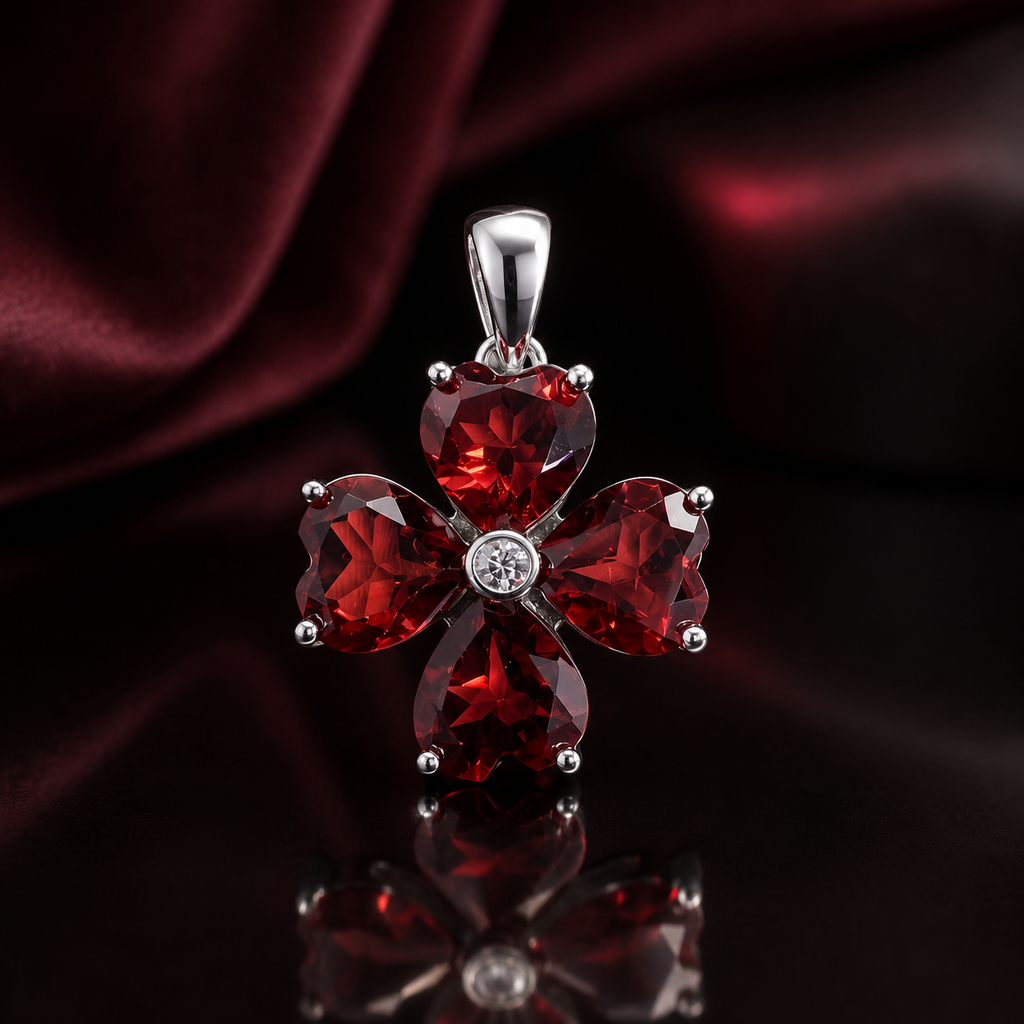 Natural Garnet Flower Pendant in 925 Sterling Silver, 6mm Gemstone