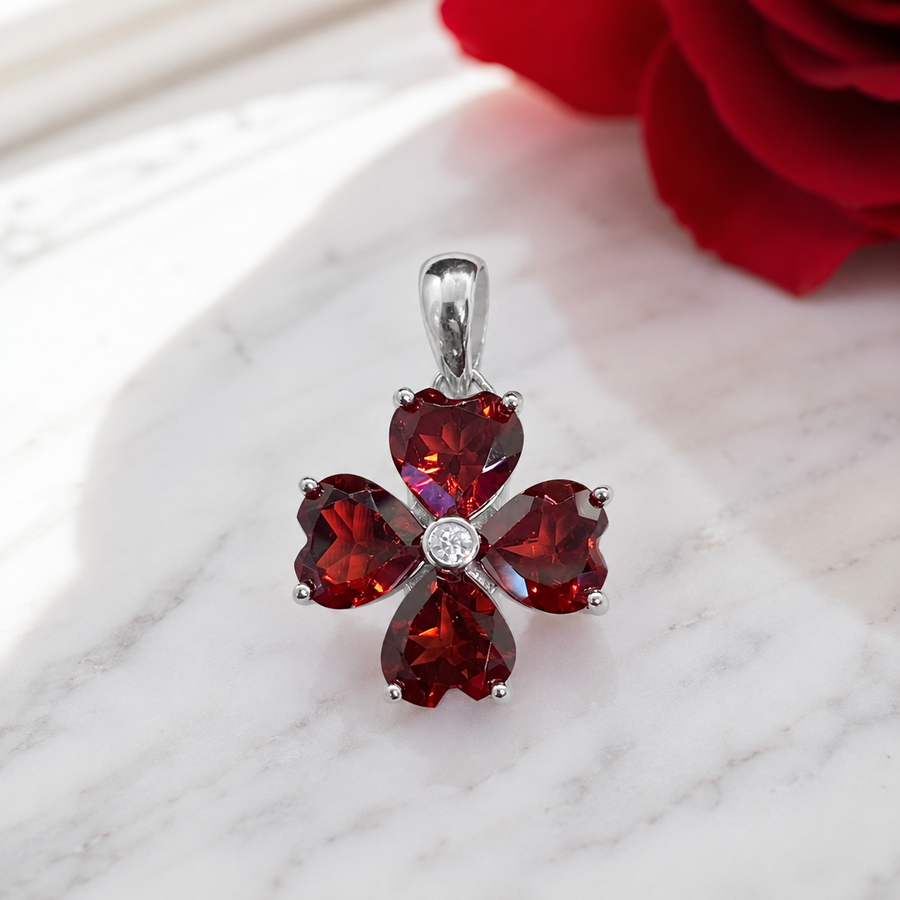 Natural Garnet Flower Pendant in 925 Sterling Silver, 6mm Gemstone