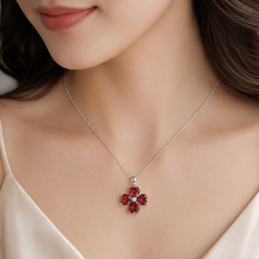 Natural Garnet Flower Pendant in 925 Sterling Silver, 6mm Gemstone