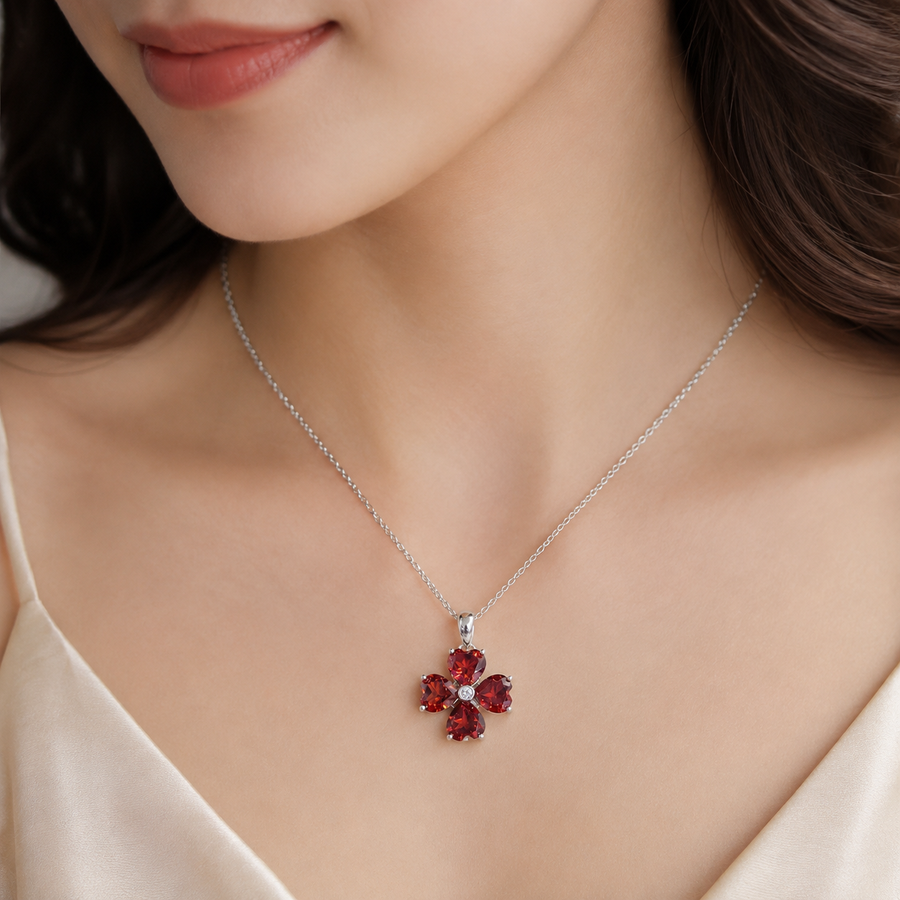 Natural Garnet Flower Pendant in 925 Sterling Silver, 6mm Gemstone