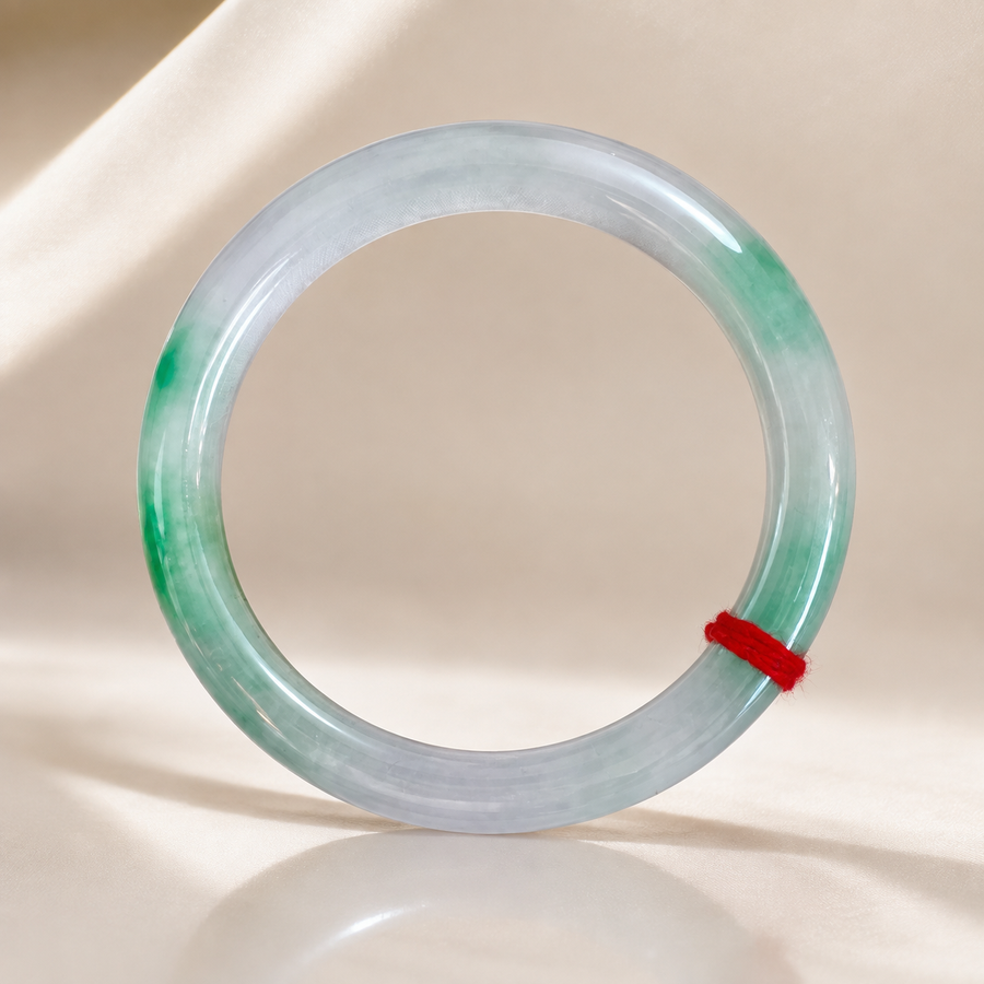 Treated Jadeite Bangle - White Base Green Pattern