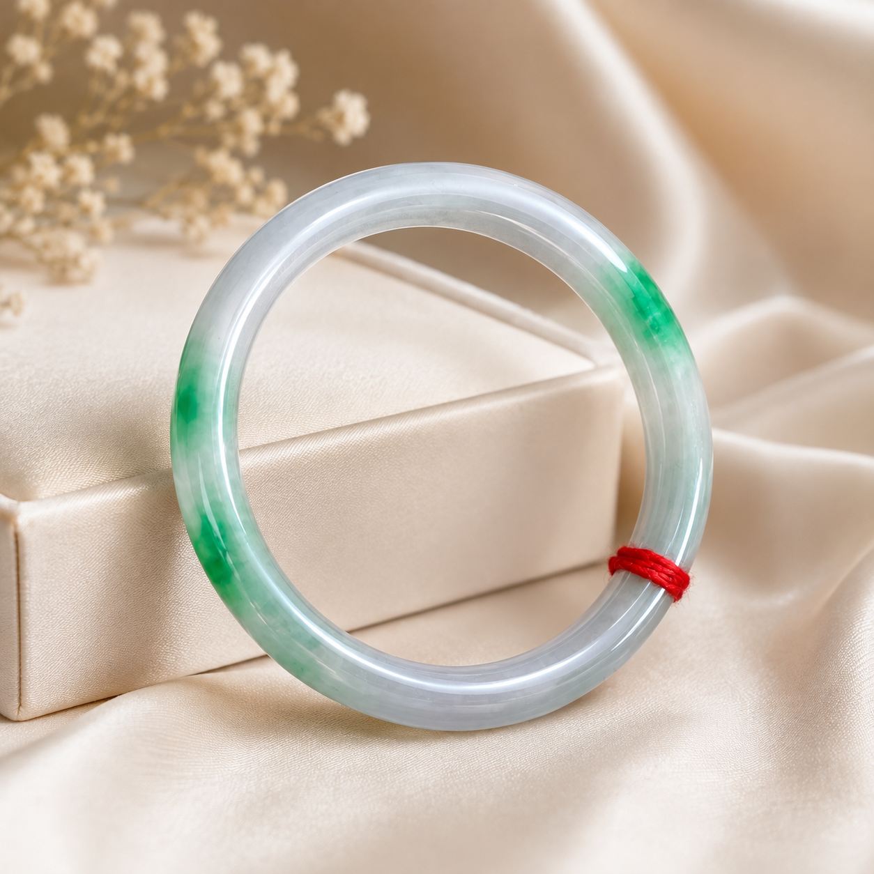 Treated Jadeite Bangle - White Base Green Pattern