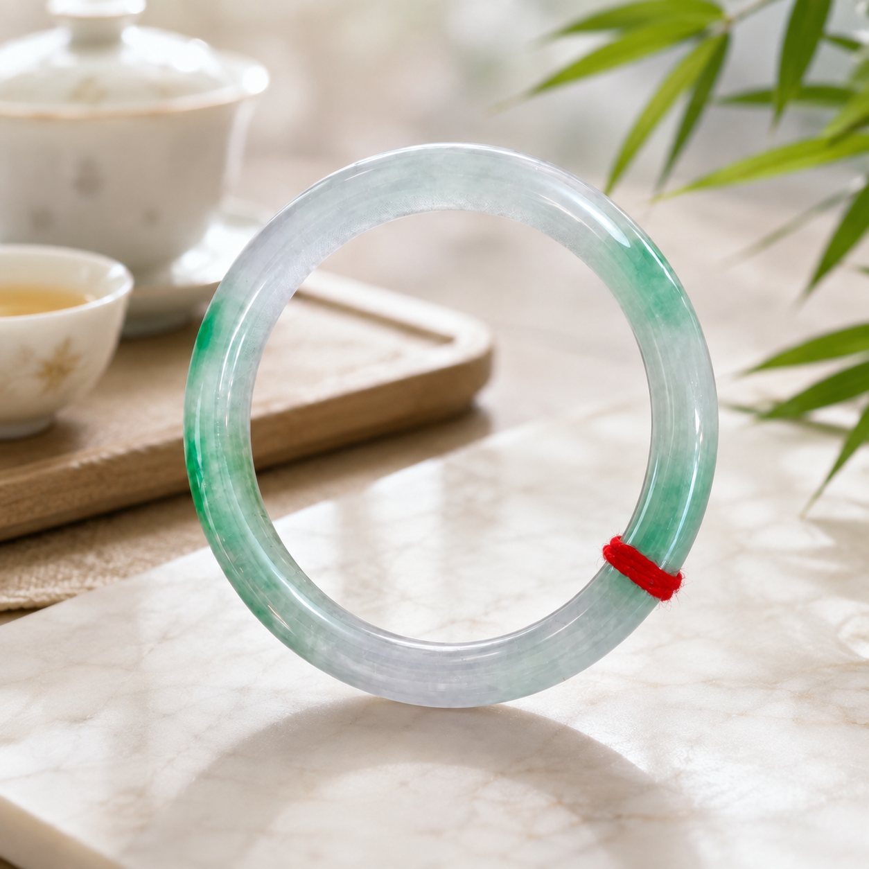 Treated Jadeite Bangle - White Base Green Pattern