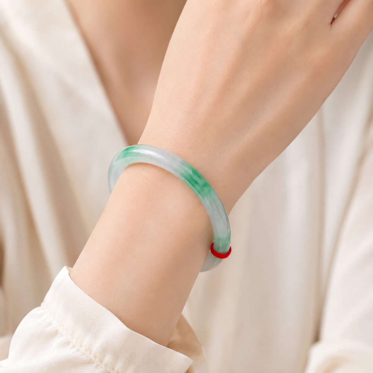 Treated Jadeite Bangle - White Base Green Pattern