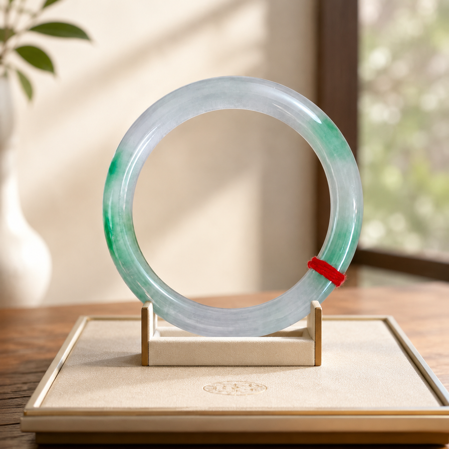 Treated Jadeite Bangle - White Base Green Pattern