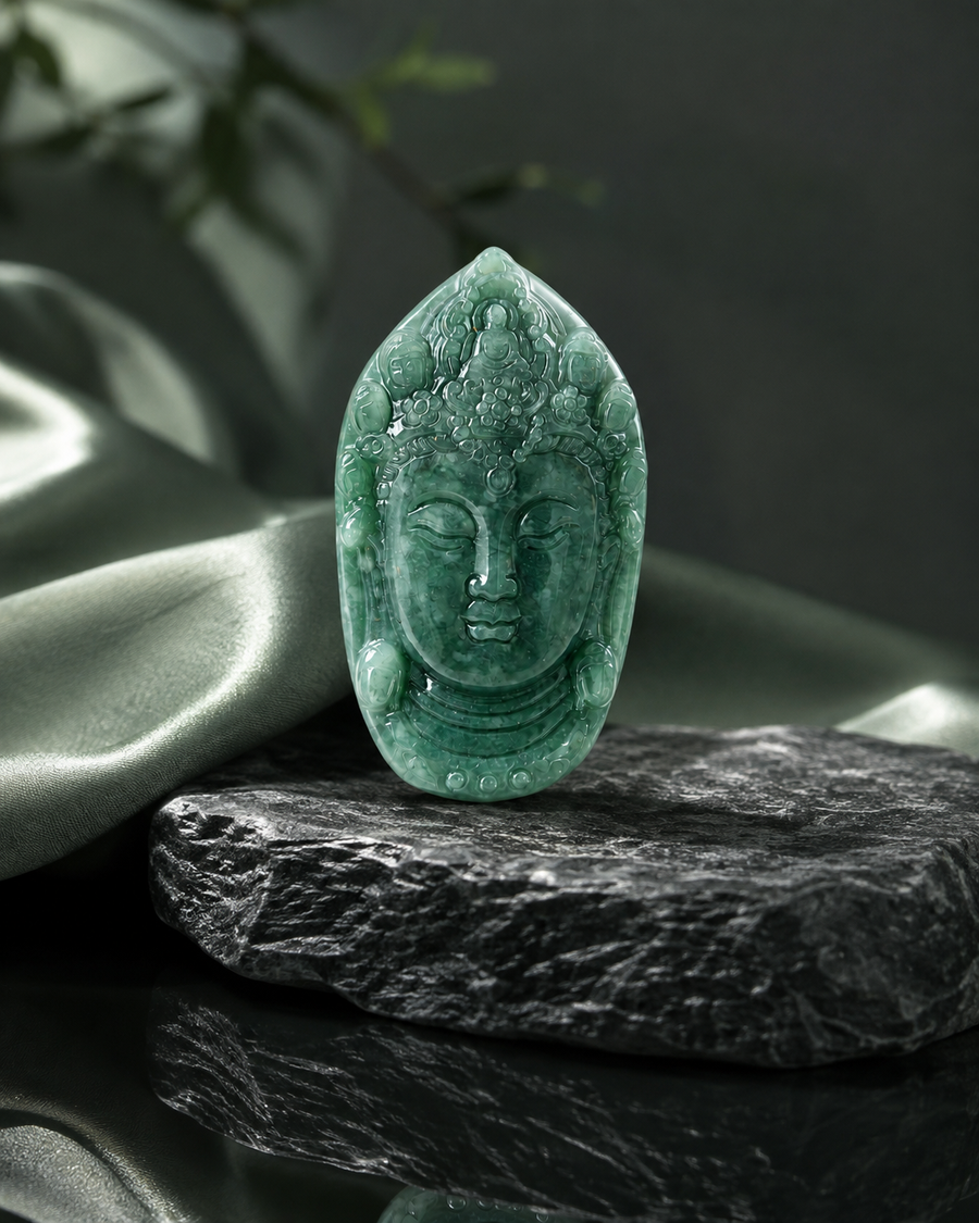 Jade Buddha Head Bead - Guatemalan Style
