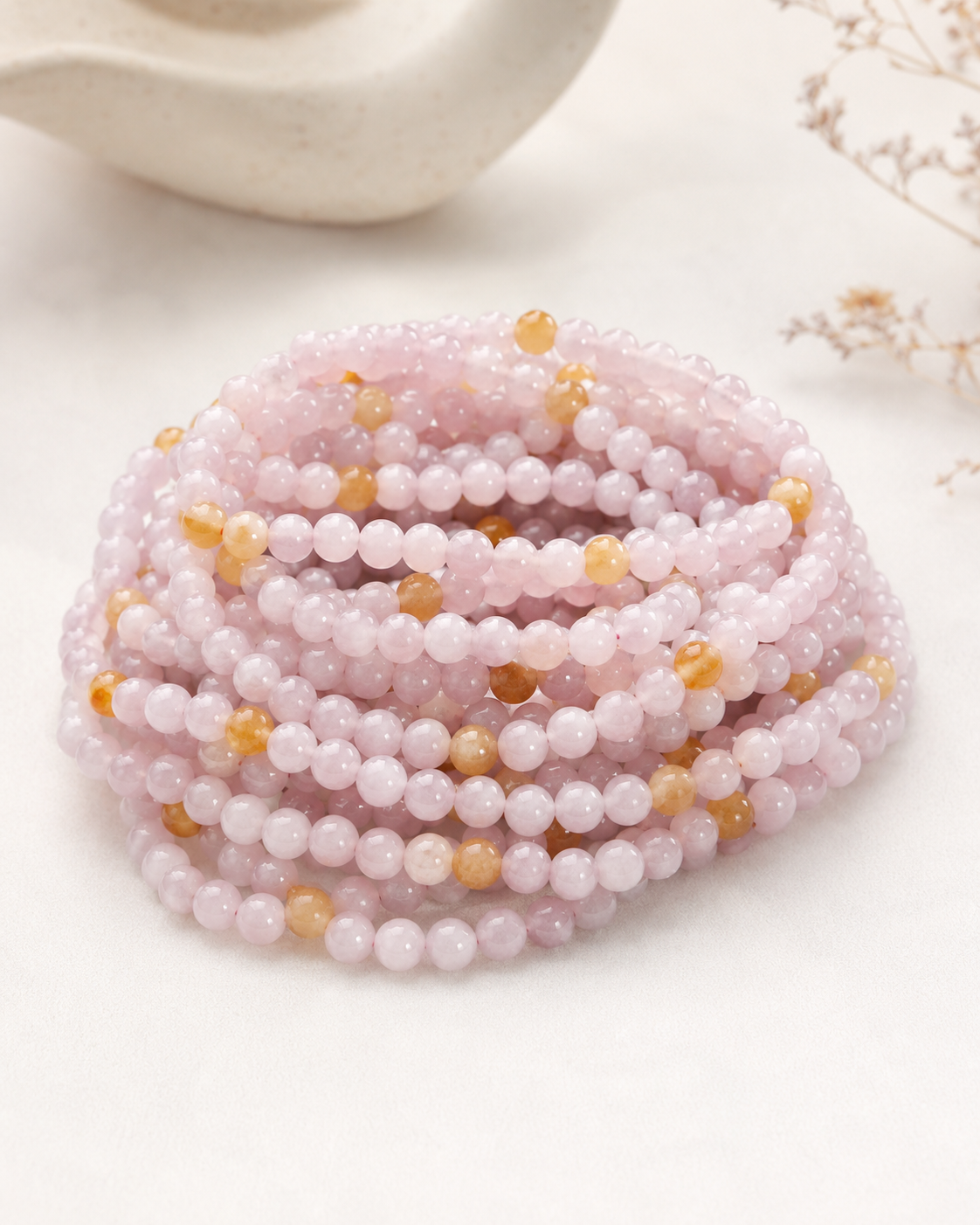 Jade Bead Bracelet - Pink and Yellow Tone
