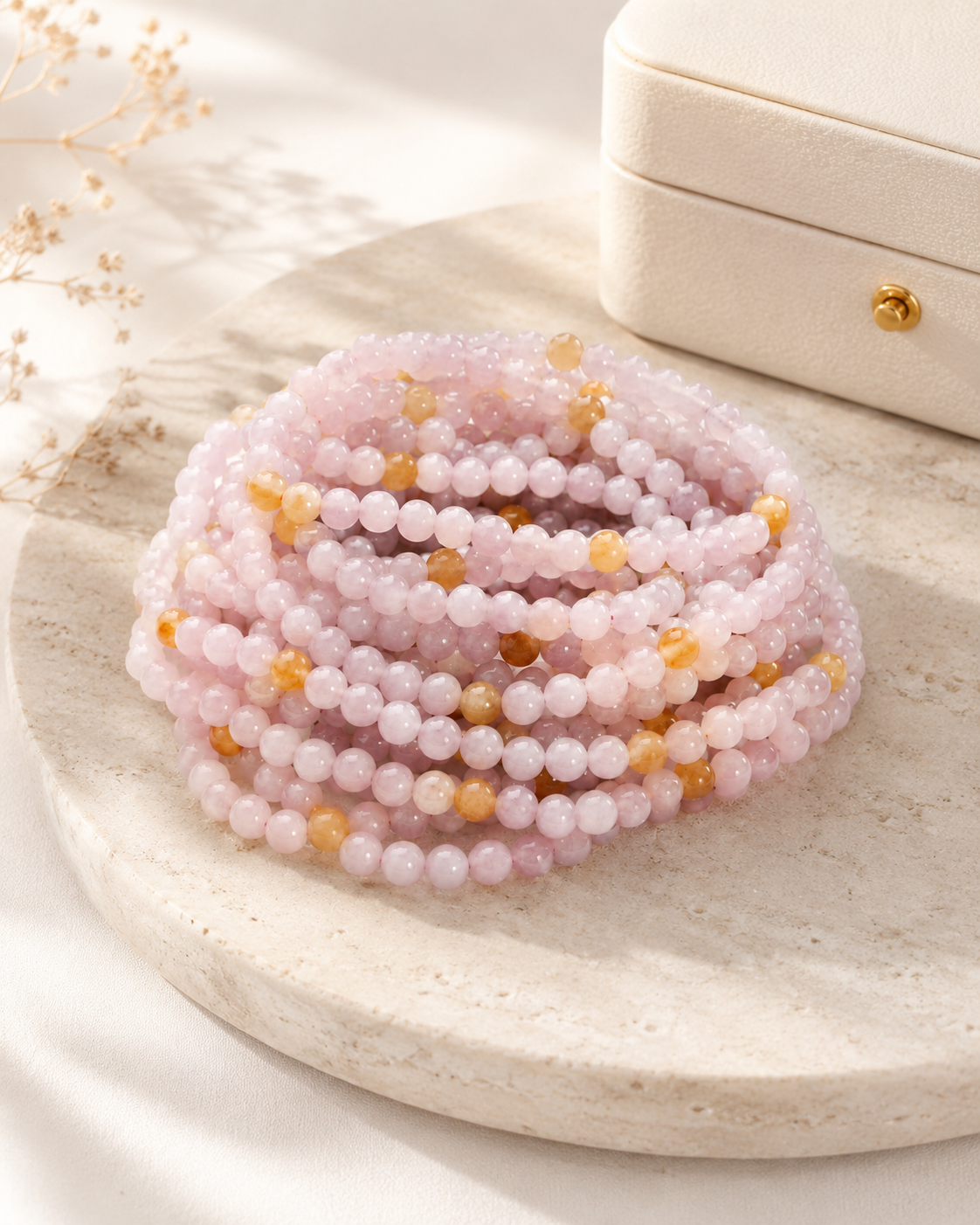Jade Bead Bracelet - Pink and Yellow Tone
