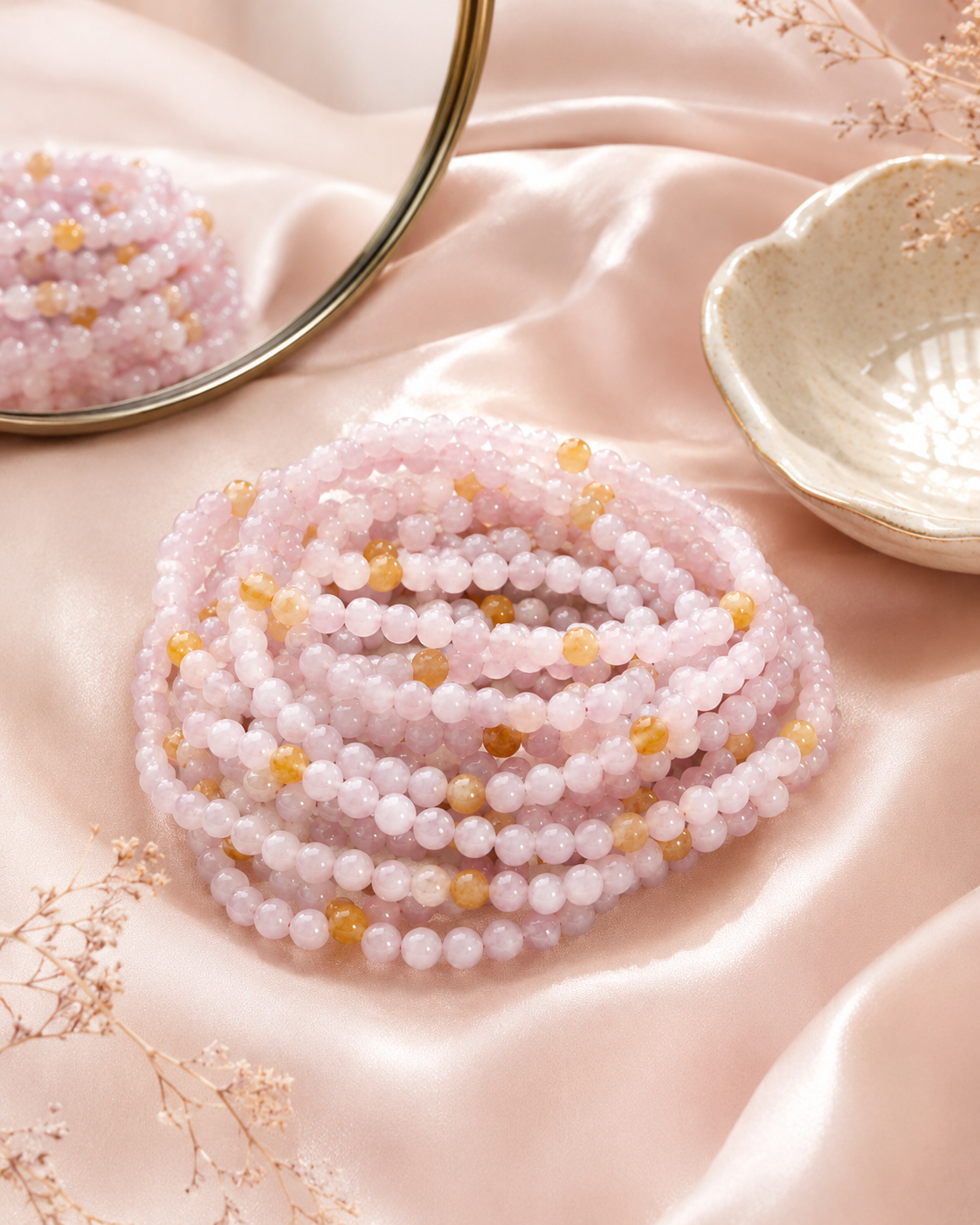 Jade Bead Bracelet - Pink and Yellow Tone