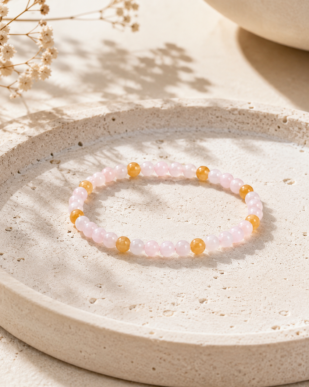 Jade Bead Bracelet - Pink and Yellow Tone