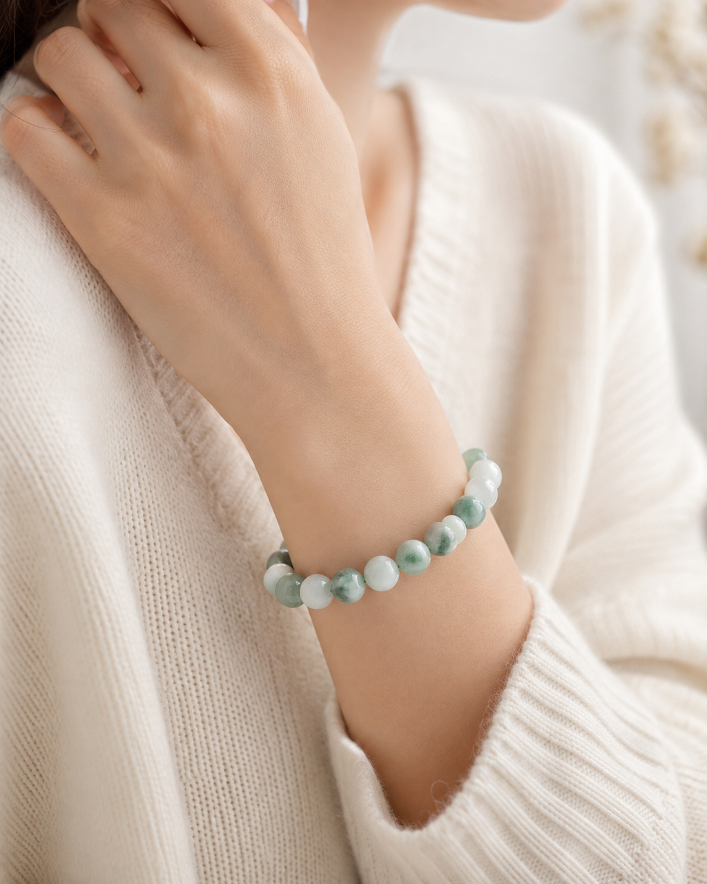 Jade Bead Bracelet - Floating Flower Pattern