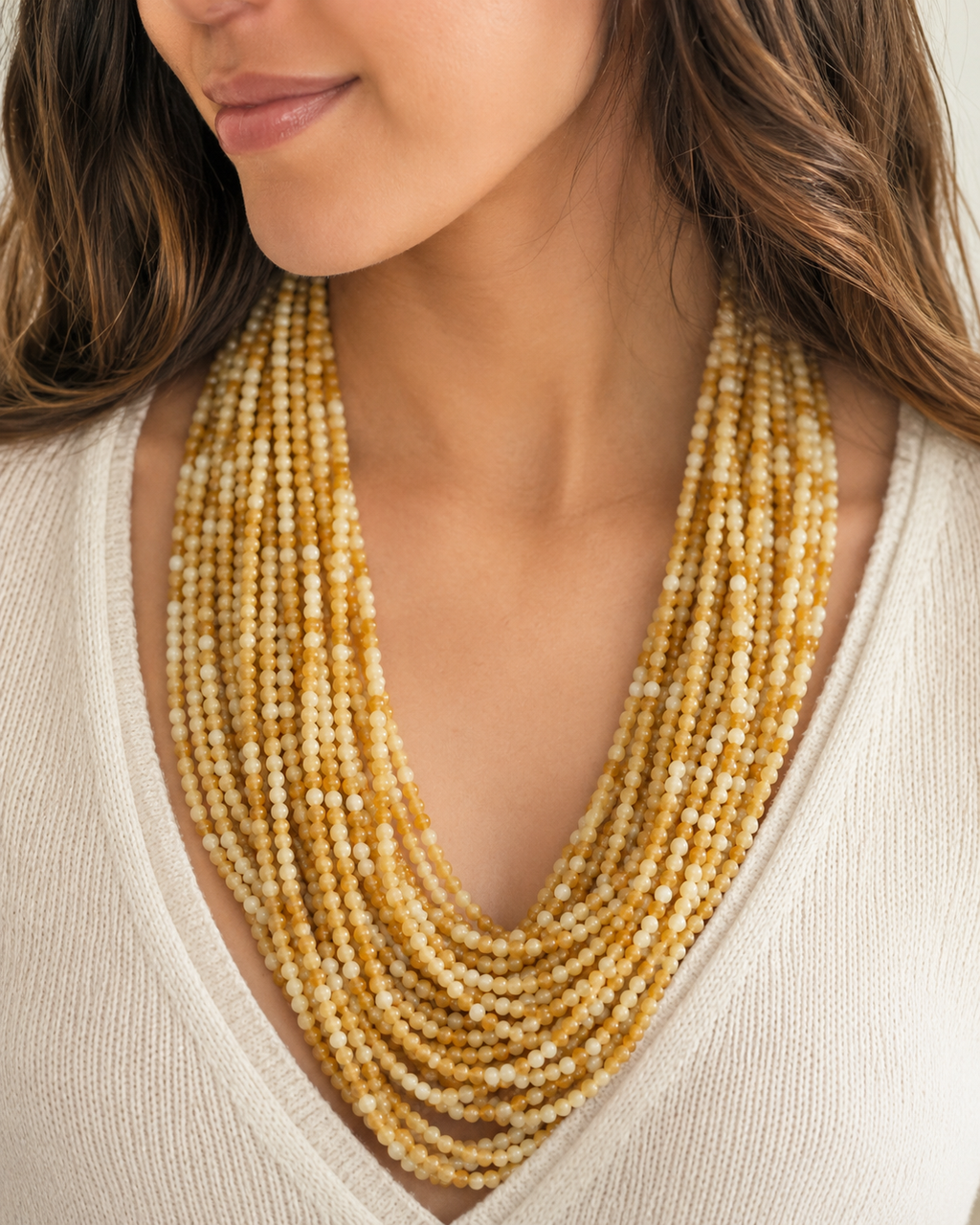 Jade Bead Necklace - Yellow Tone