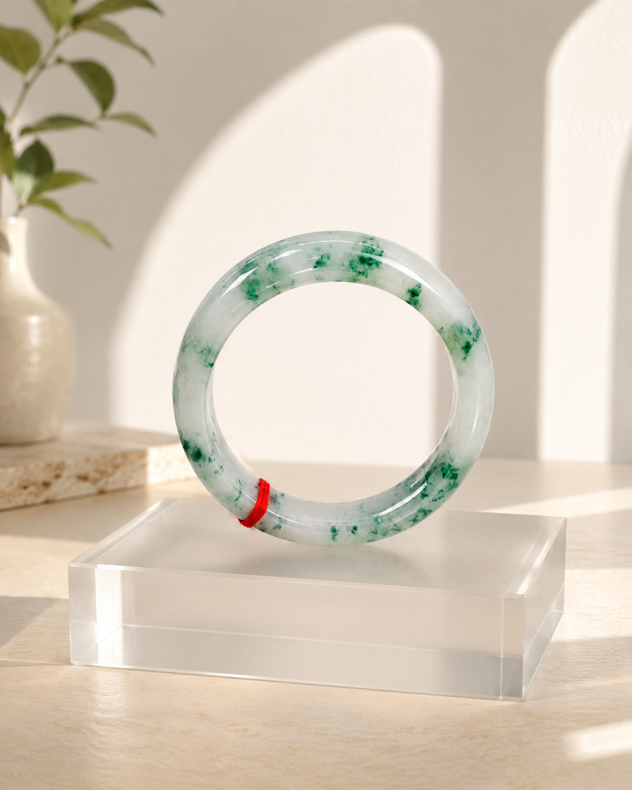 Treated Jadeite Bangle - Icy Floating Flower