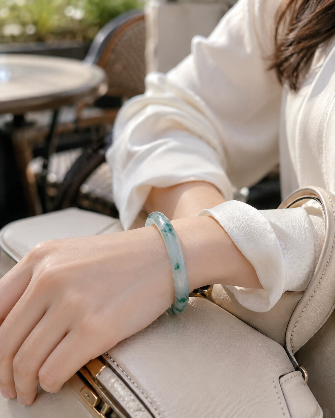 Treated Jadeite Bangle - Icy Floating Flower