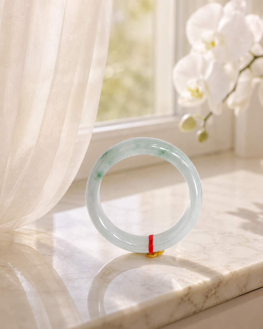 Treated Jadeite Bangle - White Base Floating Flower